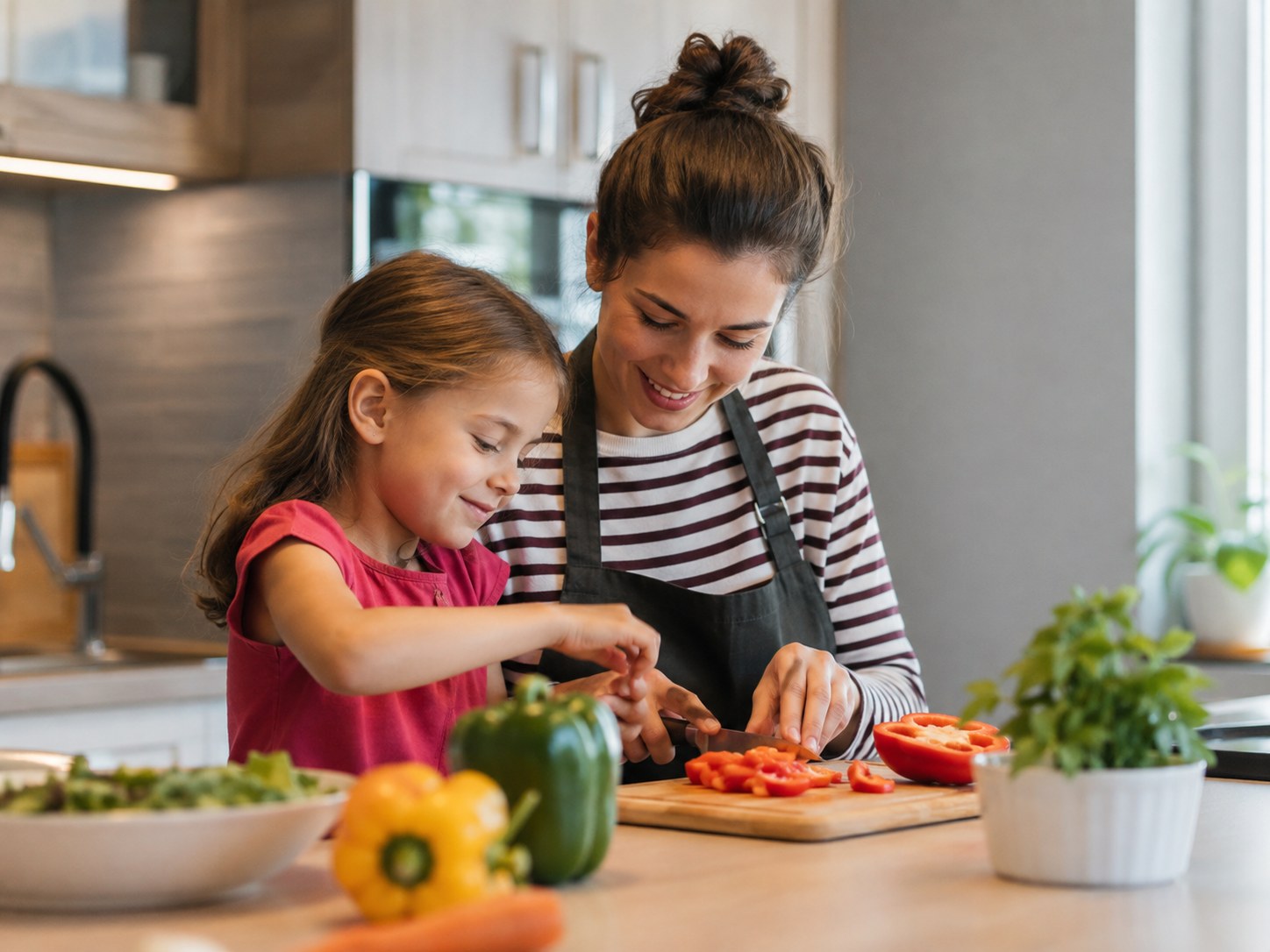 Au-pair a dítě připravují jídlo v kuchyni