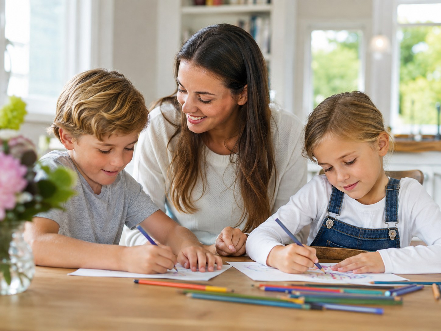 Au-pair kreslí s dětmi u stolu