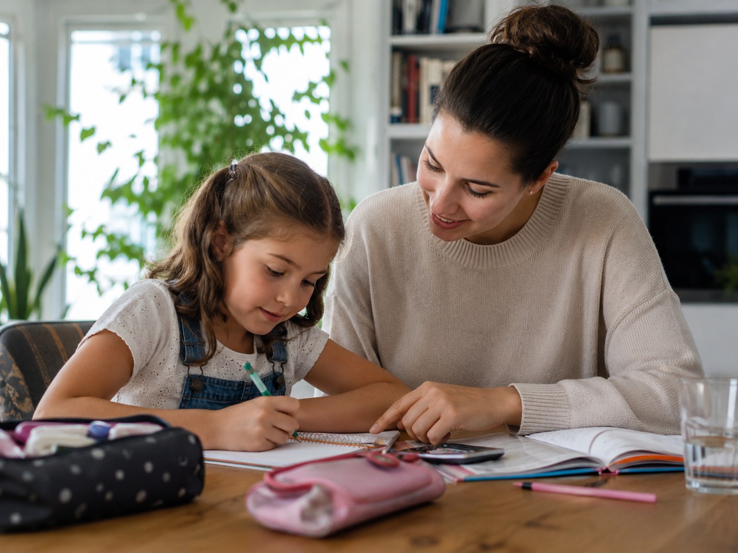 Au-pair pomáhá dítěti s učením u stolu
