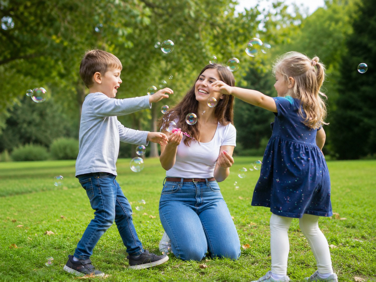 Au-pair tráví čas s dětmi venku v parku