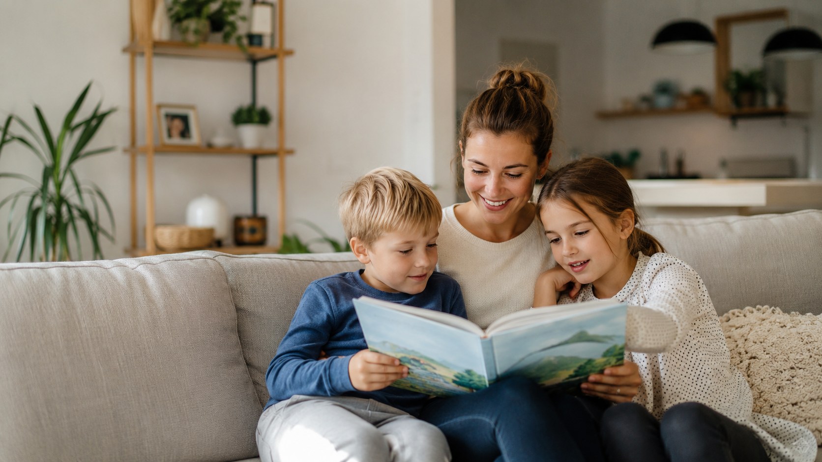 Au-pair čte dětem v obýváku