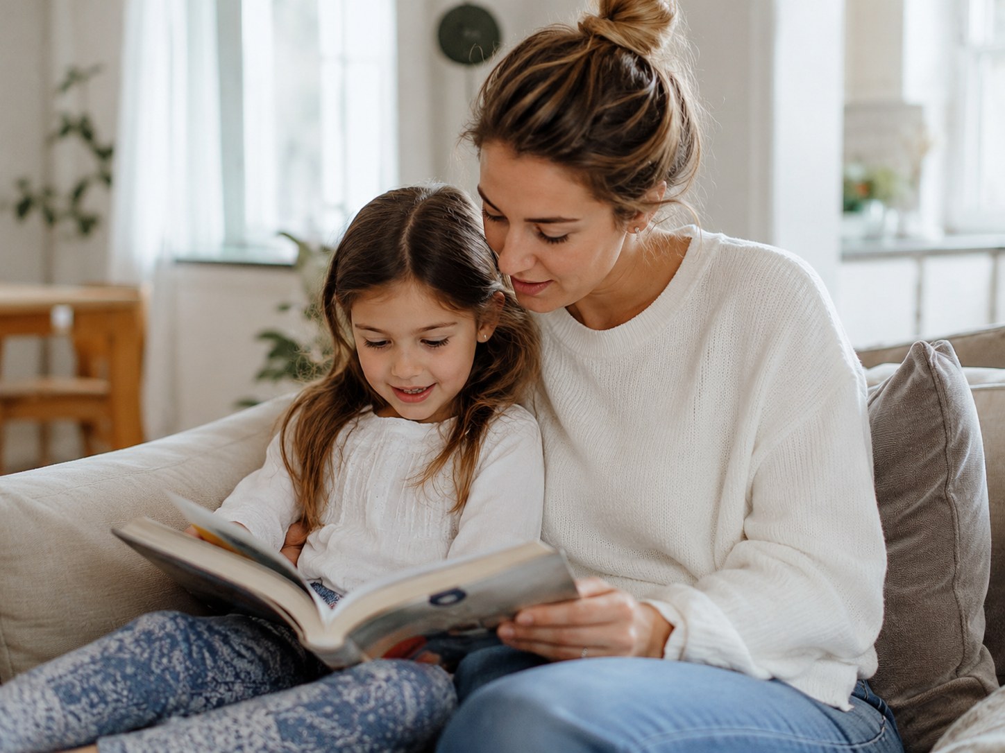 Au-pair čte s dítětem na pohovce